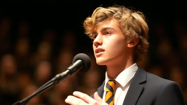 A student delivers a powerful speech despite stammering voice