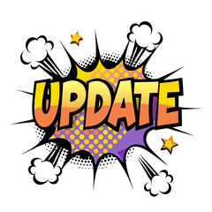 "Update" in comic book style with colorful explosion and stars, isolated vector image on transparent background  