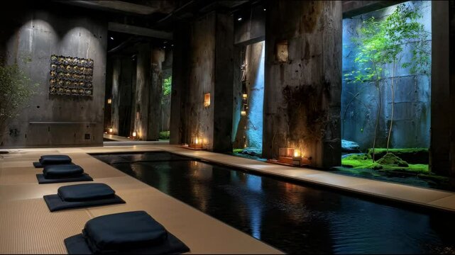 A minimalist room with tatami mats, seating cushions, a water feature and candlesticks, opening onto a garden with trees and moss, decorated in a Japanese aesthetic