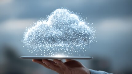 Abstract digital cloud hovers above tablet in hand, illustrating connectivity, data storage and innovative technology.