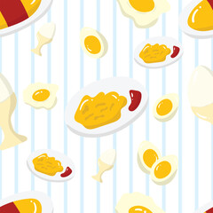 Variety of eggs on a blue and white stripe background. Food seamless pattern for clothing, fabric, wallpaper, backdrop, home decoration, cover book, and wall art.