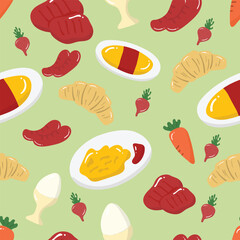Bread, sausage, carrot, steak, and eggs on a green background. Food seamless pattern for clothing, fabric, wallpaper, backdrop, home decoration, cover book, and wall art.