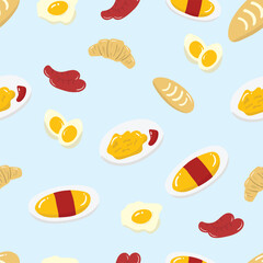 Bread, sausage, and eggs on a blue background. Food seamless pattern for clothing, fabric, wallpaper, backdrop, home decoration, cover book, and wall art.