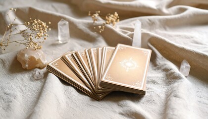 Tarot cards resting on a beige linen cloth with crystals and dried flowers