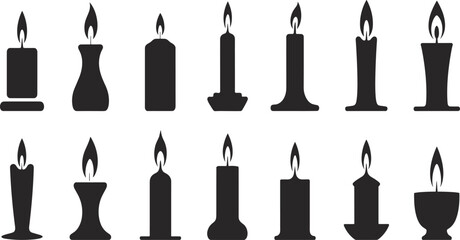 Set of Black Candle Silhouettes with Flames, Diverse Designs for Ambiance, Celebration, Spirituality, Relaxation, and Occult or Holiday Themes.