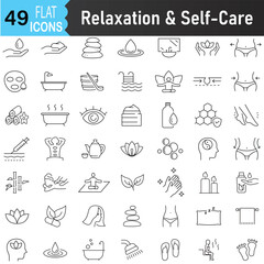 Relaxation and selfcare Line Icons Set. 49 Editable Outline Vector Symbols for Beauty, Skincare, Massage, Aromatherapy, Spa and Wellness Treatments