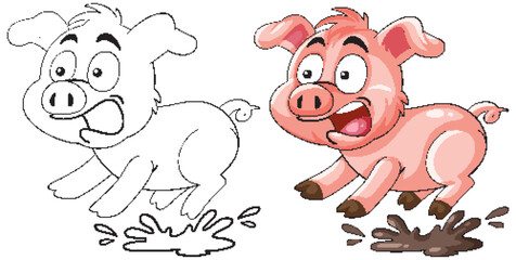 Playful Pig Jumping in Mud Puddle