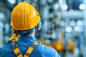 Engineer petrochemical factory concept. Worker in a hard hat observing machinery in an industrial setting.