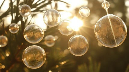 Bubbles Floating in Sunlight Over a Pine Tree Background