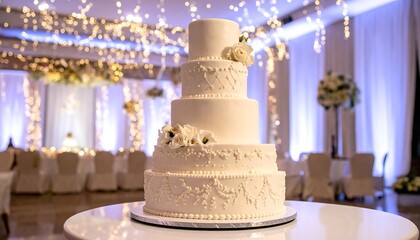 Elegant five-tiered wedding cake in a banquet hall