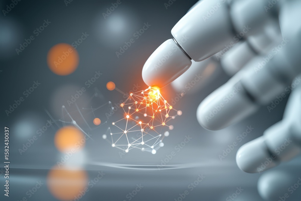 Poster engineer petrochemical factory concept. a robotic hand interacts with a glowing network of connectio