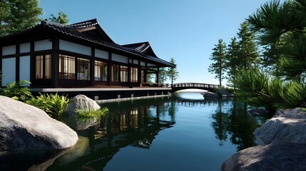 Tranquil Japanese pavilion and pond in natural setting