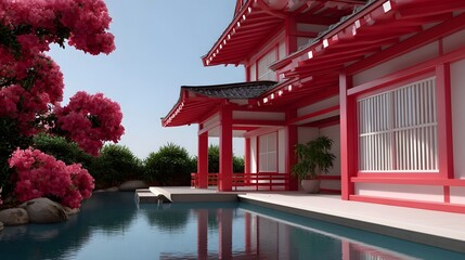 Serene Japanese temple with red pagoda and reflecting pool