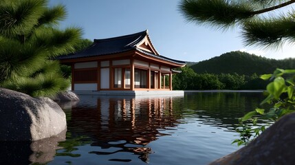 Tranquil Japanese pavilion floating on a serene lake