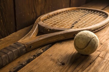 Old tennis racket with cracked leather handle and vintage tennis ball resting on weathered wood, highlighted by warm indoor lighting for timeless atmosphere
