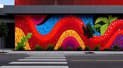 Vibrant abstract mural with colorful nature-inspired shapes and patterns on an urban building exterior.