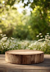 Wooden disc podium in a garden setting