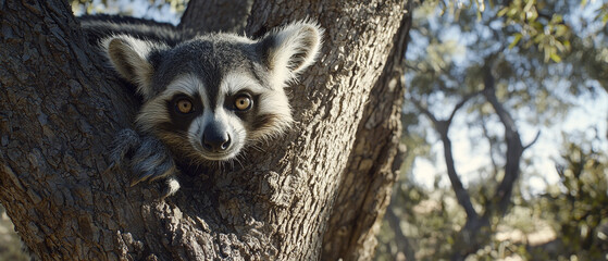 Obraz premium Raccoon peering from tree trunk, sunlit woodland background