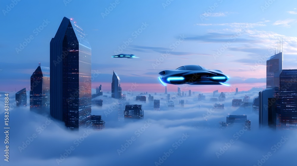 Poster a futuristic city skyline with hovering spacecraft. long_title:a striking, futuristic cityscape with