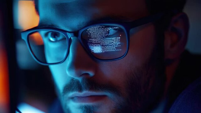 Young man in glasses looking at computer screen with intensity and focus, indicating expertise in digital technology, security, or analytics.