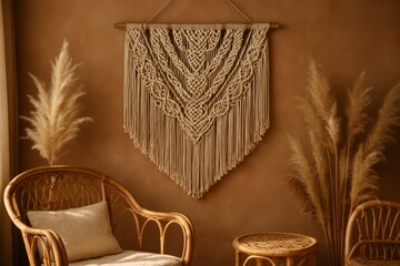 A handmade macrame wall hanging in an earth tone palette. A warm, textured wall. A rattan chair complements the decor