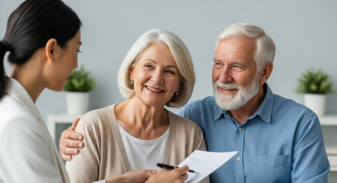 Senior couple receives financial advice from professional consultant at home expressing trust and satisfaction elderly clients discussing retirement planning with advisor in comfortable office setting