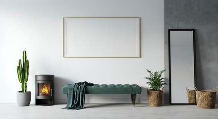 Interior view of a minimalist living room featuring a blank picture frame, bench, fireplace, mirror, and potted plants against a white and gray wall.