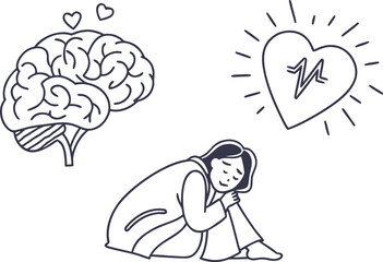 Woman sitting with brain and heart illustrations representing mental and physical health wellness state
