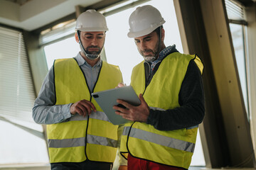 Two construction workers wearing safety equipment and reflective vests collaborate on a project,...