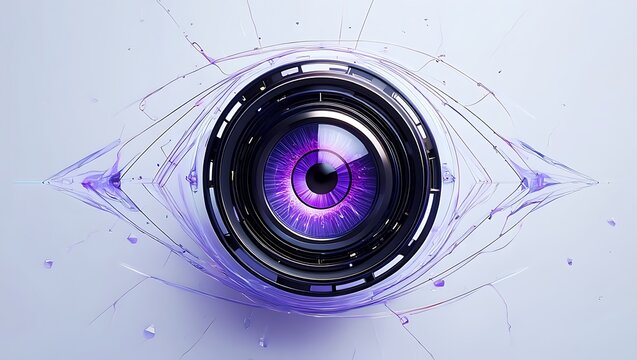 A stylized eye with a camera lens at its center, symbolizing artificial intelligence and surveillance