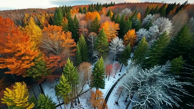 Aerial view of a vibrant forest in autumn and winter, showcasing the colorful transformation of nature, creating a picturesque seasonal landscape.