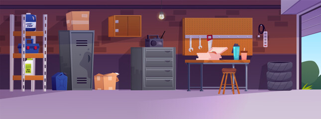 Vector garage interior with table, tools, shelves, metal cabinet, boxes, tires and open gate.