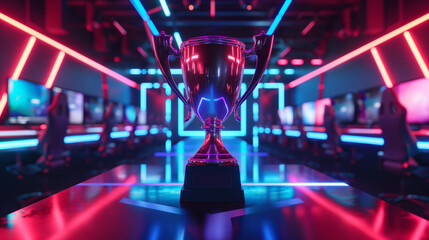 The esports winner trophy standing on the stage in the middle of the arena of the computer video game championship. Two rows of PCs for competing teams. Stylish neon lights with a cool design
