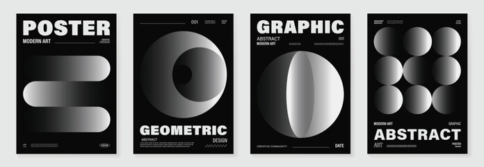 Abstract monochrome poster background vector set. Modern cover template with black and white perspective geometric prism shape, line. Ideal design for social media, banner, ads. 