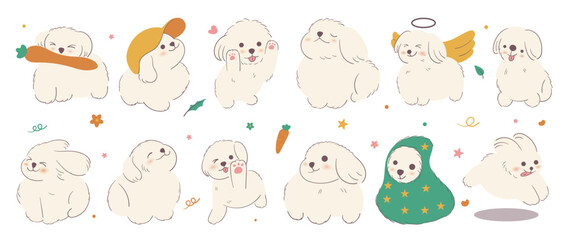 maltese dog sticker vector. Lovely puppy doodle in different poses with carrot, flower. Adorable funny pet and many characters hand drawn collection for T-shirt, sticker, print, pet shop.