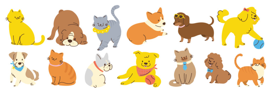 dog and cat sticker vector. Lovely pet doodle pattern in different poses and breeds. Adorable funny pet and many characters hand drawn collection for T-shirt, sticker, print, pet shop. 