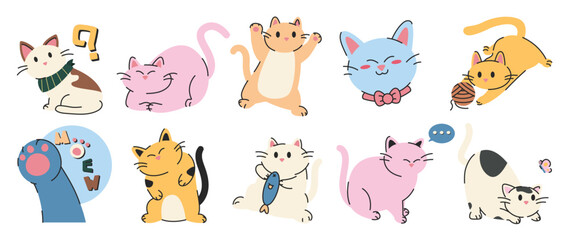 Plakat cat sticker vector. Lovely kitten doodle pattern in different poses and breeds. Adorable funny pet and many characters hand drawn collection for T-shirt, sticker, print, pet shop. 
