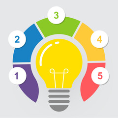 Bright Light Bulb Infographic with 5 Colorful Segments for Business Planning or Idea Pitch
