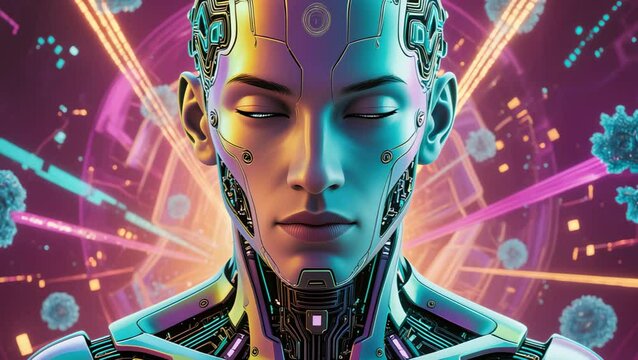 Futuristic concept of a humanoid robot meditating in a vibrant digital landscape filled with abstract elements