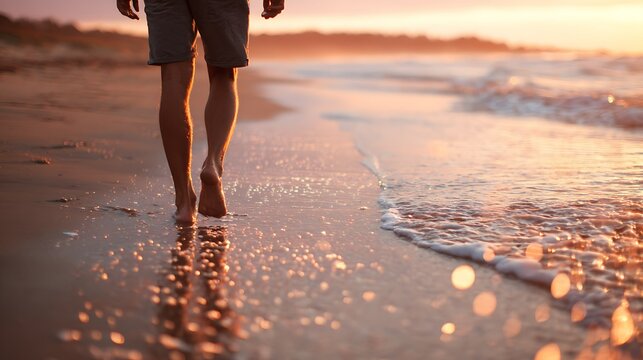 A serene beach walk at sunset showcases bare feet and gentle waves creating a peaceful and contemplative coastal experience.
