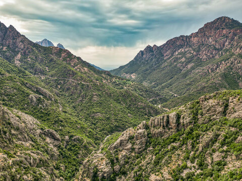 Corse, France Corsica marine french island Mediterranean Sea with hights mountains peak famous GR20 path