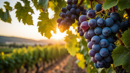 Fototapeta premium A close-up ripe wine grapes hanging from a green vine at sunset