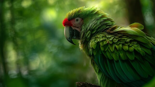 **Green beautiful parrot macaw standing alert with intricate feather layers, depth of field subtly blurred in wings, on transparent background