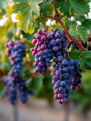 A close-up ripe wine grapes hanging from a green vine at sunset