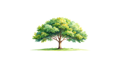 Isolated summer oak tree with yellow flowers and green leaves isolated on white background.

