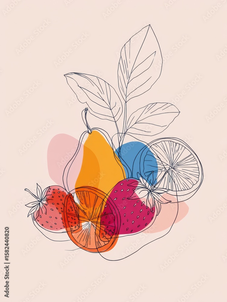 Poster colorful line art featuring assorted fruits with a minimal modern vibe in a soft background that enh