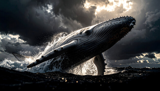baleine blanche ou cachalot blanc surgissant de la mer dans la temp&ecirc;te