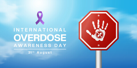 31 August is International Overdose Awareness Day. Ribbon, hand, medicine and more. Perfect for posters, banners and social media. Blue sky background.