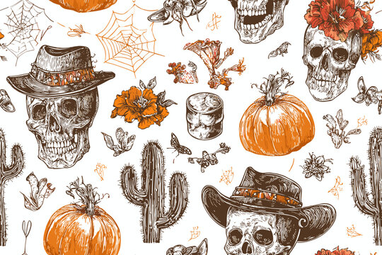 Seamless pattern with groovy retro western Halloween theme featuring cowboy pumpkins, vintage skulls with hats, cacti, wildflowers, and cobwebs in bold 1970s style line art, perfect 