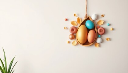 Easter themed decorative arrangement with colorful eggs and decorative elements